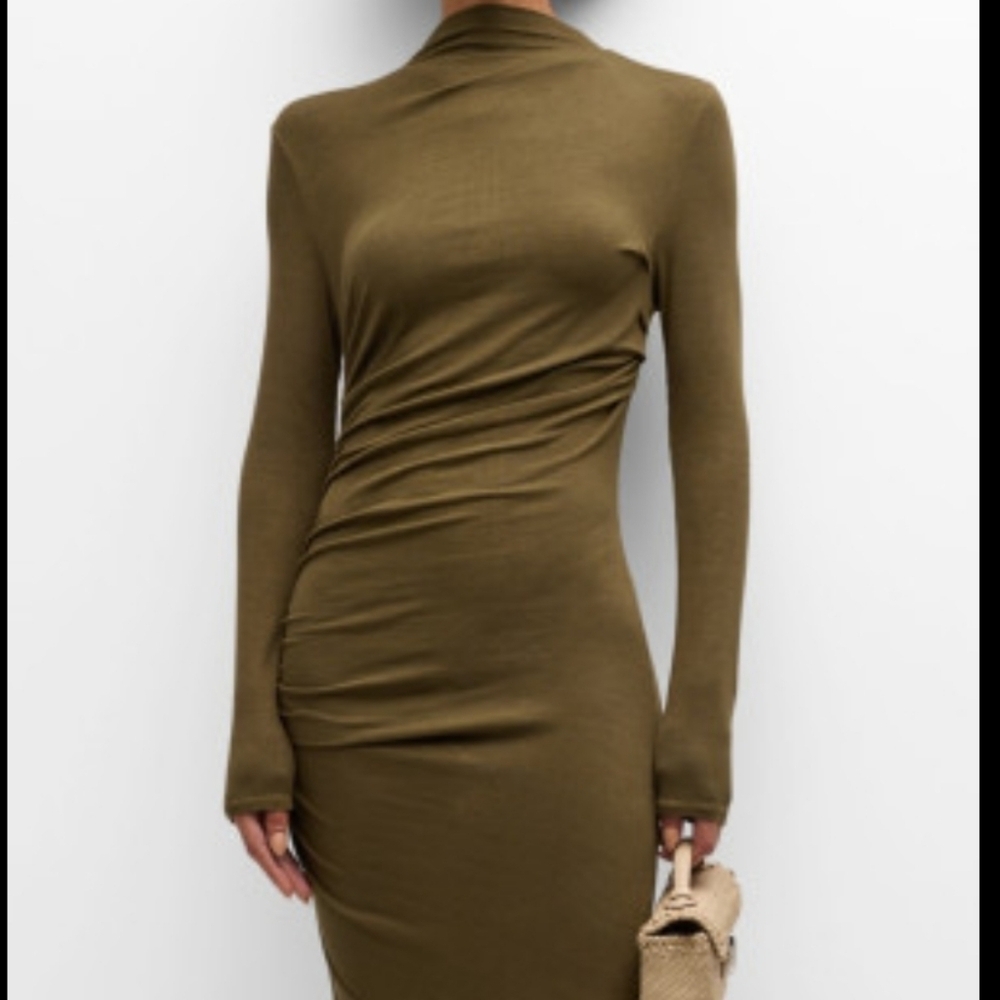 Enza Costa Brown Soft Micro Ribbed Long-Sleeve Ruched Midi Dress Sz XL Bodycone